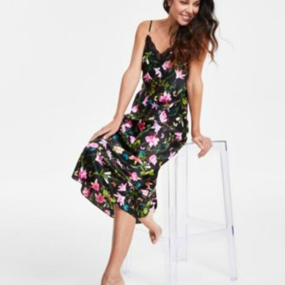 Victoria's Secret Dresses & Skirts - Victoria’s Secret Floral Satin Slip Dress Size XL Shoulder Tie Black EUC